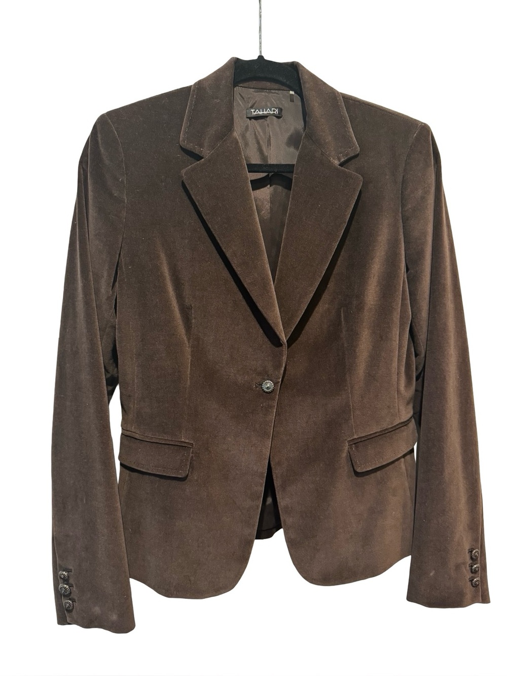 Tahari Brown Velvet Tailored One-Button Blazer
